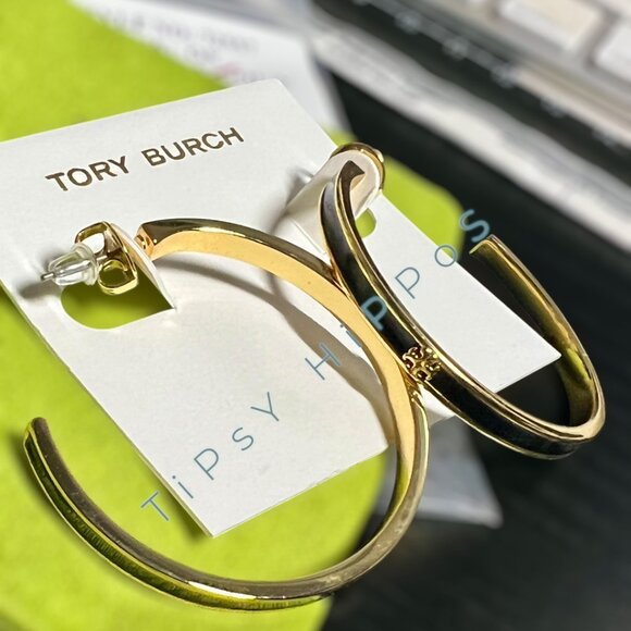 ✺ TORY BURCH BLACK AND GOLD KIRA ENAMEL HOP EARRINGS ✺✺ - Picture 7 of 7